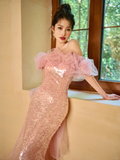 Niulatu Elegant Mermaid Off The Shoulder Pink Tulle Sequin Long Prom Dresses HZ1110
