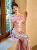 Niulatu Elegant Mermaid Off The Shoulder Pink Tulle Sequin Long Prom Dresses HZ1110