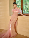Niulatu Elegant Mermaid Off The Shoulder Pink Tulle Sequin Long Prom Dresses HZ1110