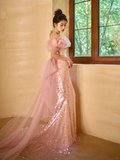 Niulatu Elegant Mermaid Off The Shoulder Pink Tulle Sequin Long Prom Dresses HZ1110