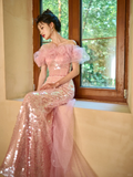 Niulatu Elegant Mermaid Off The Shoulder Pink Tulle Sequin Long Prom Dresses HZ1110