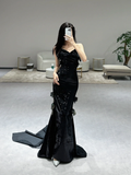 Niulatu Sexy Mermaid Spaghetti Straps Black Sequin Long Prom Dresses HZ1110