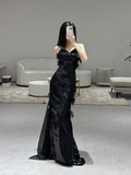 Niulatu Sexy Mermaid Spaghetti Straps Black Sequin Long Prom Dresses HZ1110