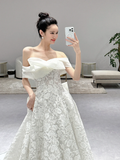 Niulatu Ball Gown Off The Shoulder Satin Tulle Lace Long Wedding Dresses HZ1110