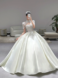 Niulatu Ball Gown Satin Beaded Short Sleeves Long Wedding Dresses HZ1110
