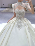 Niulatu Ball Gown Satin Beaded Short Sleeves Long Wedding Dresses HZ1110
