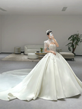 Niulatu Ball Gown Satin Beaded Short Sleeves Long Wedding Dresses HZ1110