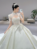 Niulatu Ball Gown Satin Beaded Short Sleeves Long Wedding Dresses HZ1110