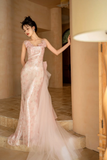 Niulatu Mermaid Spaghetti Straps Pink Tulle Sequin Long Prom Dresses HZ1110