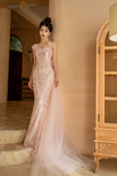 Niulatu Mermaid Spaghetti Straps Pink Tulle Sequin Long Prom Dresses HZ1110