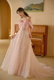 Niulatu A Line Off The Shoulder Pink Satin Tulle Sequin Long Prom Dresses HZ1110