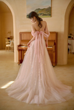 Niulatu A Line Off The Shoulder Pink Satin Tulle Sequin Long Prom Dresses HZ1110