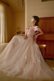 Niulatu A Line Off The Shoulder Pink Satin Tulle Sequin Long Prom Dresses HZ1110