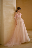 Niulatu A Line Off The Shoulder Pink Satin Tulle Sequin Long Prom Dresses HZ1110