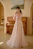 Niulatu A Line Off The Shoulder Pink Satin Tulle Sequin Long Prom Dresses HZ1110