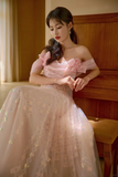 Niulatu A Line Off The Shoulder Pink Satin Tulle Sequin Long Prom Dresses HZ1110