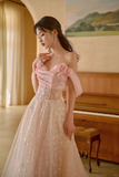Niulatu A Line Off The Shoulder Pink Satin Tulle Sequin Long Prom Dresses HZ1110