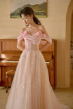Niulatu A Line Off The Shoulder Pink Satin Tulle Sequin Long Prom Dresses HZ1110