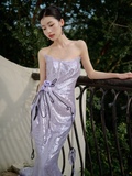 Niulatu Mermaid Strapless Lilac Sequin Long Prom Dresses HZ1110