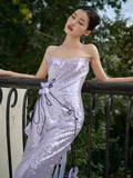 Niulatu Mermaid Strapless Lilac Sequin Long Prom Dresses HZ1110