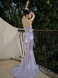 Niulatu Mermaid Strapless Lilac Sequin Long Prom Dresses HZ1110