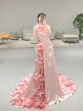 Niulatu Mermaid Halter Pink Satin Flowers Long Prom Dresses HZ1110