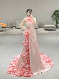 Niulatu Mermaid Halter Pink Satin Flowers Long Prom Dresses HZ1110