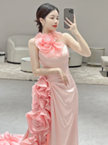 Niulatu Mermaid Halter Pink Satin Flowers Long Prom Dresses HZ1110