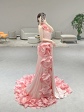 Niulatu Mermaid Halter Pink Satin Flowers Long Prom Dresses HZ1110