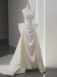 Niulatu A Line Strapless Satin Beaded Pleated Long Wedding Dresses HZ1110