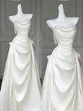 Niulatu A Line Strapless Satin Beaded Pleated Long Wedding Dresses HZ1110