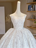 Niulatu Ball Gown Strapless White Tulle Lace Long Wedding Dresses HZ1110