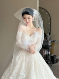 Niulatu Ball Gown Off The Shoulder White Tulle Lace Long Sleeves With Veil Long Wedding Dresses HZ1110