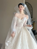 Niulatu Ball Gown Off The Shoulder White Tulle Lace Long Sleeves With Veil Long Wedding Dresses HZ1110