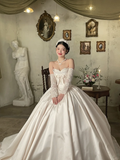 Niulatu Ball Gown Strapless Satin Beaded With Sleeves Long Wedding Dresses HZ1110