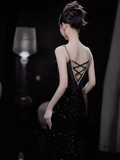 Niulatu Mermaid Straps Sequin Long Black Prom Dress HZ1110