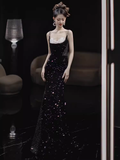 Niulatu Mermaid Straps Sequin Long Black Prom Dress HZ1110