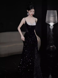 Niulatu Mermaid Straps Sequin Long Black Prom Dress HZ1110