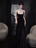Niulatu Mermaid Straps Sequin Long Black Prom Dress HZ1110