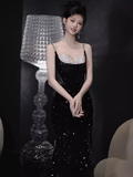 Niulatu Mermaid Straps Sequin Long Black Prom Dress HZ1110
