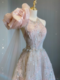 Classy Ball Gown One Shoulder Pink Sequin Evening Dress Long Prom Dresses HZ1214