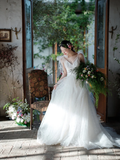 Niulatu A Line Spaghetti Straps Tulle Lace With Veil Long Wedding Dresses HZ1110