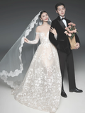 Niulatu Ball Gown Off The Shoulder Satin Lace Backless Long Sleeves With Veil Long Wedding Dresses HZ1110