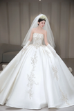Niulatu Ball Gown Strapless Satin Beaded With Gloves and Veil Long Wedding Dresses HZ1110