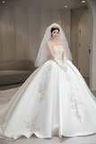 Niulatu Ball Gown Strapless Satin Beaded With Gloves and Veil Long Wedding Dresses HZ1110