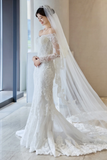 Niulatu Mermaid Off The Shoulder White Tulle Lace Long Sleeves With Veil Long Wedding Dresses HZ1110