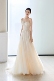 Niulatu A Line Spaghetti Straps Tulle Applique Long Wedding Dresses HZ1110