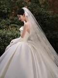 Niulatu Ball Gown Strqpless Satin Applique With Veil Gloves Long Wedding Dresses HZ1110