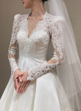 Niulatu Ball Gown V Neck Satin Lace Long Sleeves With Veil Long Wedding Dresses HZ1110