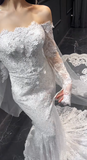 Niulatu Mermaid Off The Shoulder White Lace Long Sleeves With Veil Long Wedding Dresses HZ1110